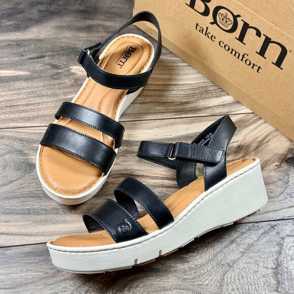 Born Shoes - NIB Born Pawnee 8M Black Leather Strappy Comfort Lightweight Wedge Sandals